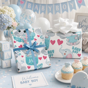 Baby-Junge-Elefant Süß Blau Baby-Party Taufe Geschenkpapier