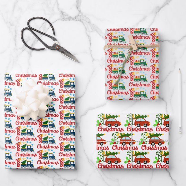 Baby-Junge Erster Weihnachtsfeiertag gefliest Geschenkpapier Set (Vorderseite)