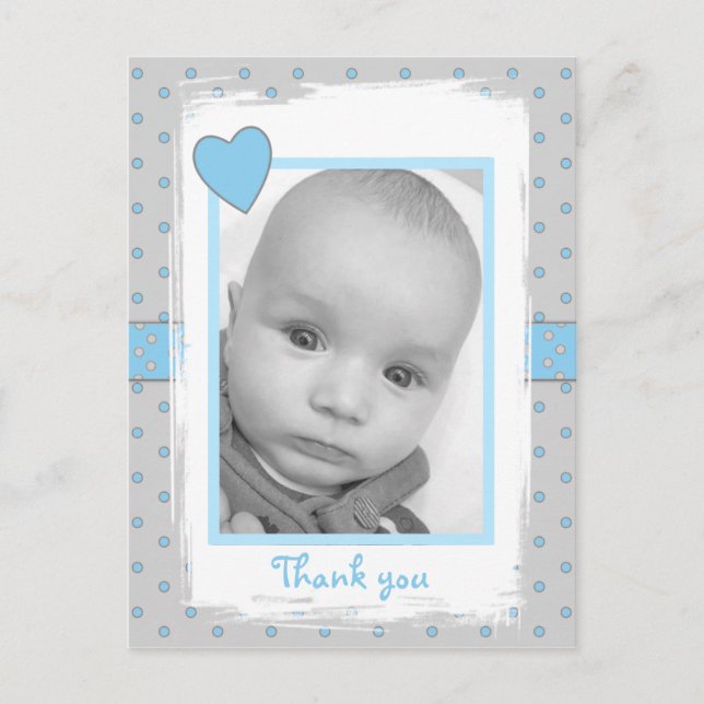 Baby-Junge-Foto dankt für das Geschenk blau und gr Postkarte (Vorderseite)