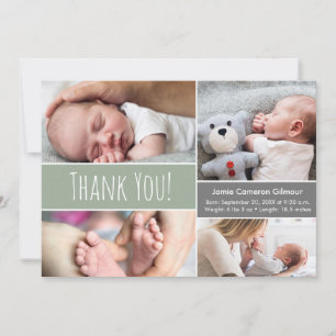 Baby-Junge Moderne Green Foto Collage und Geburtsi Dankeskarte