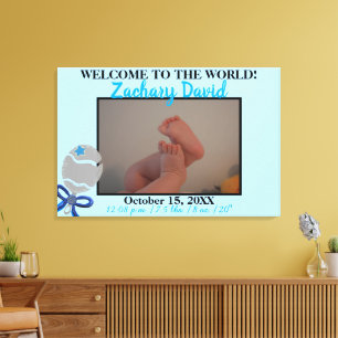 Baby-Junge-Rassel-Foto-Geburtsdaten 36" x 24" Leinwanddruck