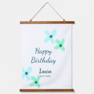 Baby Kinder 1. Geburtstag Name blau grün Pastell  Wandteppich Mit Holzrahmen