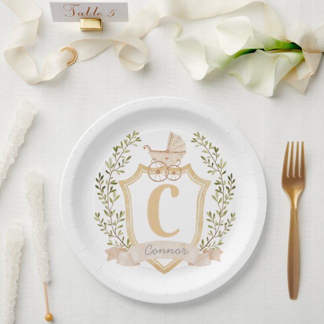 Baby-Kinderwagen-Monogramm "C" | Neutral  Pappteller (Hochzeit)