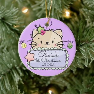 Baby Kitty Cat mit Holly First Christmas Keramik Ornament