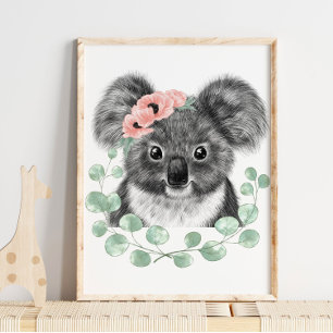 Baby Koala Floral Nursery Print   Koala Print Poster