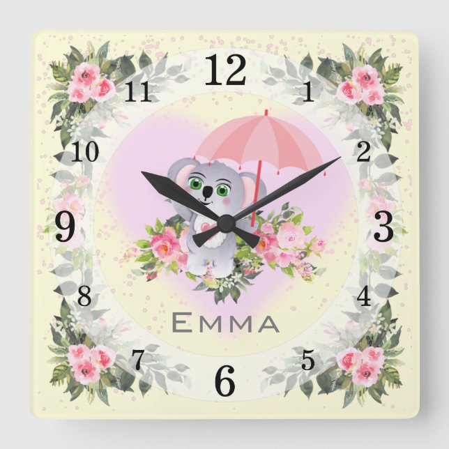 Baby Koala | Kinderzimmer Décor | Gelb Personalisi Quadratische Wanduhr (Vorderseite)