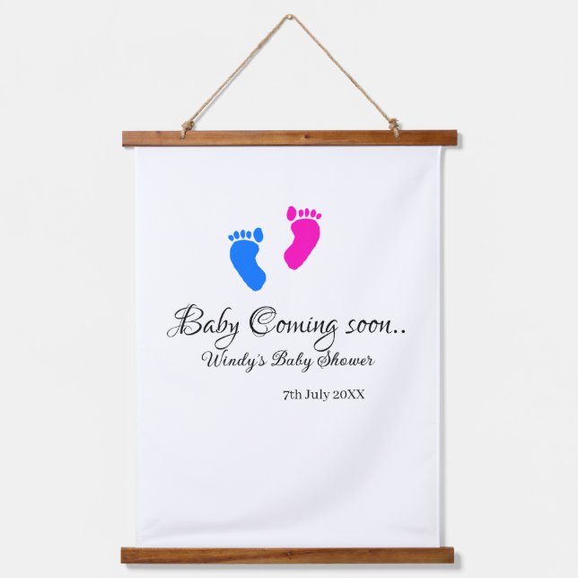 Baby kommt bald Baby Dusche Blue Pink Babyfüße Wandteppich Mit Holzrahmen (Vorderseite)