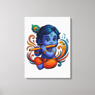 Baby Krishna mit Flute - Peace Vibes | Lebhaftes 3 Leinwanddruck
