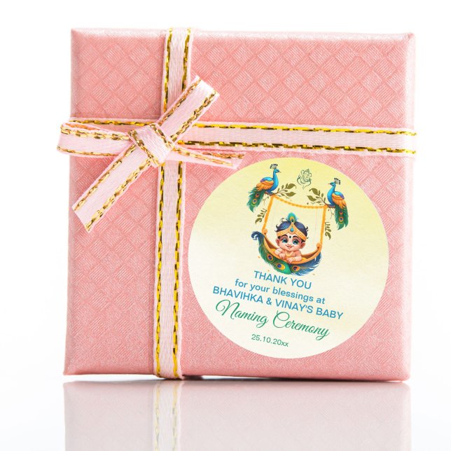 Baby Krishna Naming Namkaran Cradle Greifgeschenk Runder Aufkleber (Baby Krishna baby naming cradle namkarana ceremony favor gift thank you stickers naming favors)