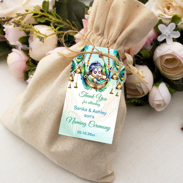 Baby Krishna Naming Namkaran Wiege Zeremonie Geschenkanhänger (Baby Krishna baby naming cradle namkarana ceremony favor gift thank you gift tags peacock cradle)