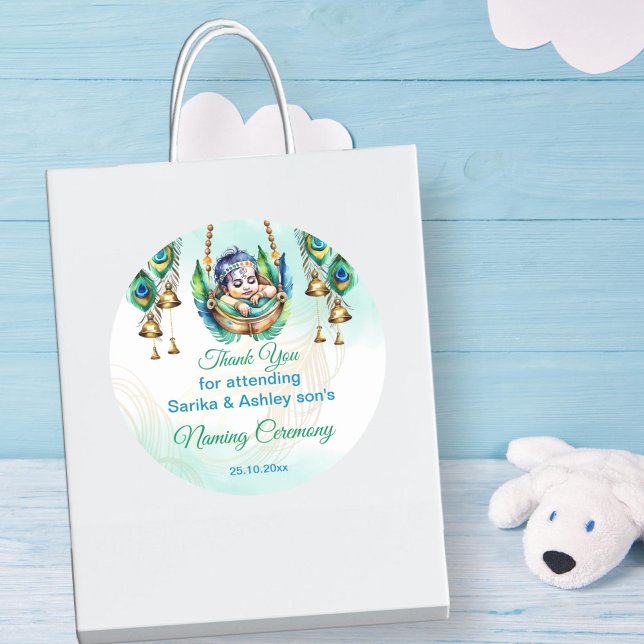 Baby Krishna Naming Namkaran Wiege Zeremonie Runder Aufkleber (Baby Krishna baby naming cradle namkarana ceremony favor gift thank you stickers cute peacock cradle)