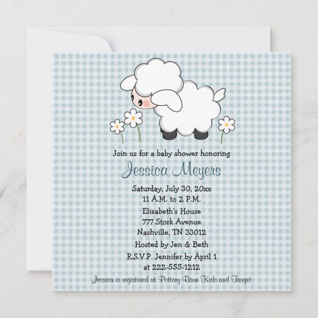 Baby Lamb Baby Shower Einladungen Blue Gingham (Vorderseite)