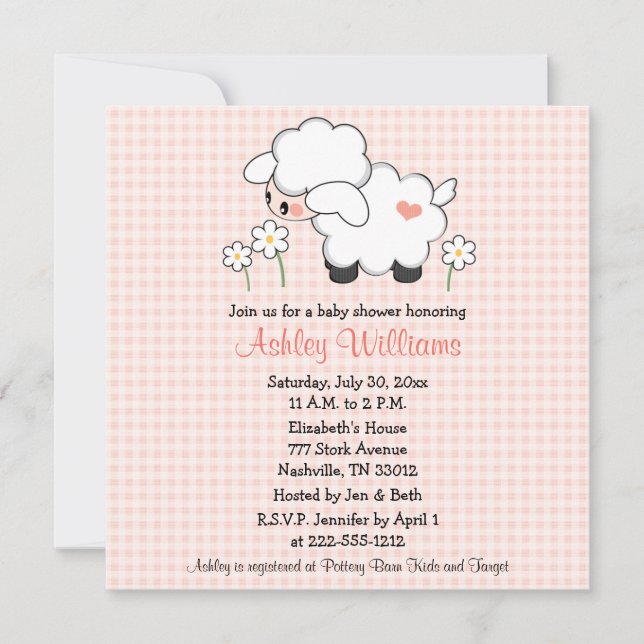 Baby Lamb Baby Shower Einladungen Pink Gingham (Vorderseite)