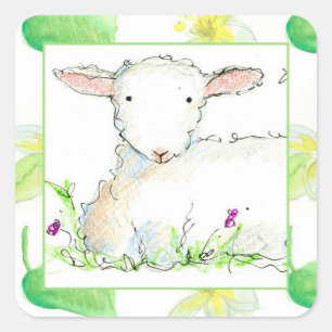 Baby Lamb Farm Animal Sheep Gelbe Blumen Quadratischer Aufkleber