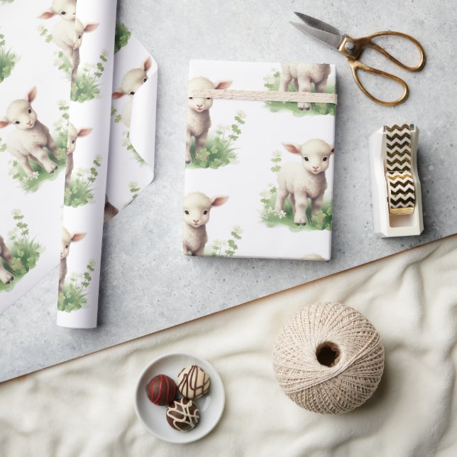 Baby Lamb in Greenery Watercolor Babydusche Geschenkpapier (Kunsthandwerk)