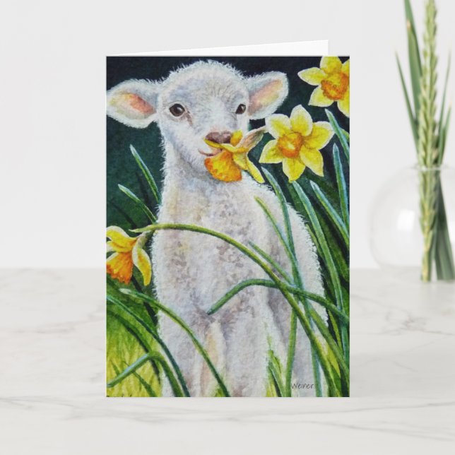 Baby Lamb und Frühlingsgetränke Wasserfarben Kunst Karte (Vorderseite)