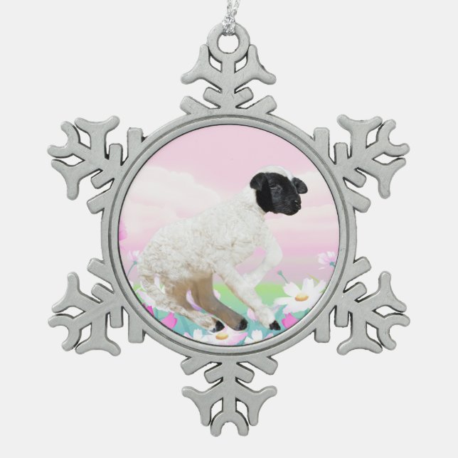 Baby Lambs erste Schritte Schneeflocken Zinn-Ornament (Vorderseite)