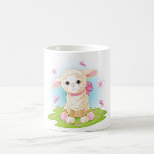 Baby-Lamm mit rosa Schleife und Schmetterlingen Kaffeetasse