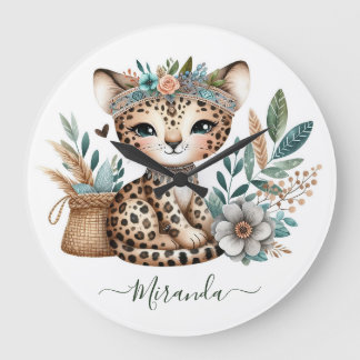 Baby Leopard Wilde Jungle Safari Boho-Nursery-Deko Große Wanduhr