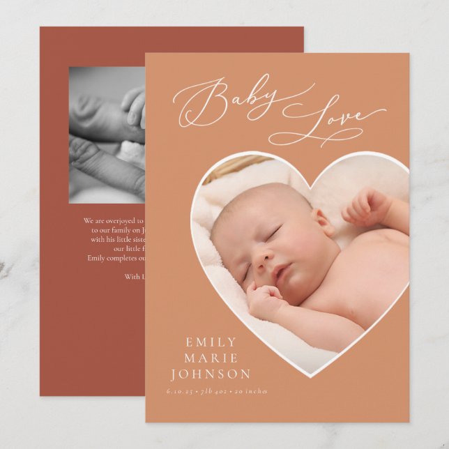 Baby Liebe Coral Heart Foto Geburtsankündigung Einladung (Vorne/Hinten)