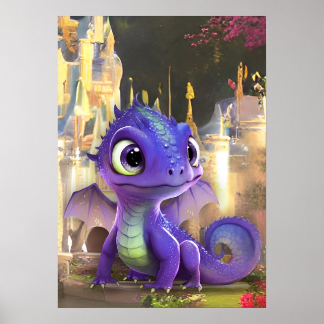 Baby Lila Dragon and Fantasy Mittelalterliche Burg Poster (Vorne)