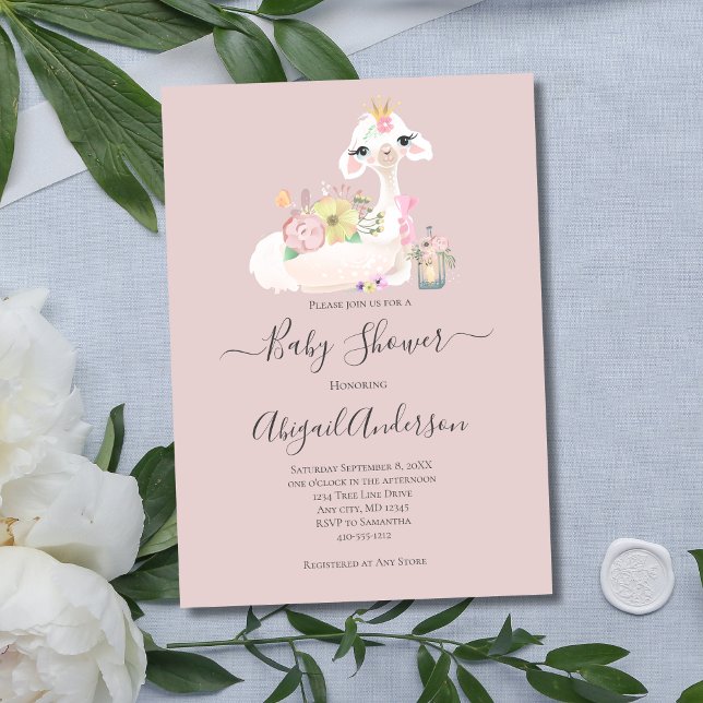 Baby Llama White Pink Blume Babydusche Einladung (Llama Pink White Baby Shower Invitation)