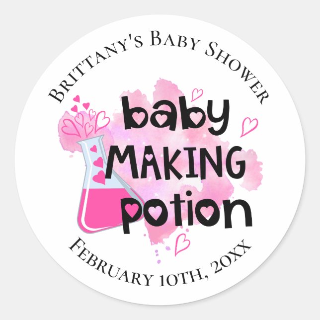 Baby Maaking Potion Rosa Herz Babydusche Gefallen Runder Aufkleber (Vorderseite)