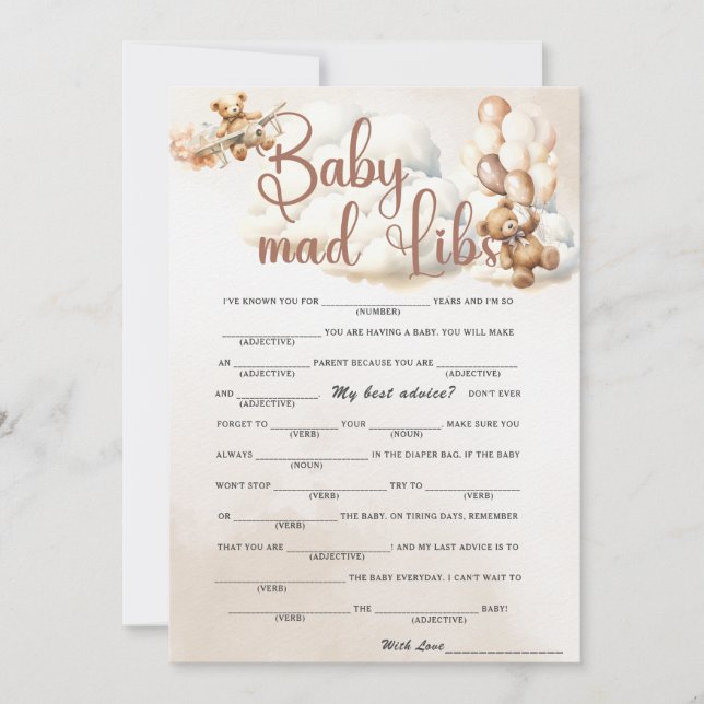 BABY MAD LIBS Baby Showgame Niedlich Bear Einladung (Vorderseite)