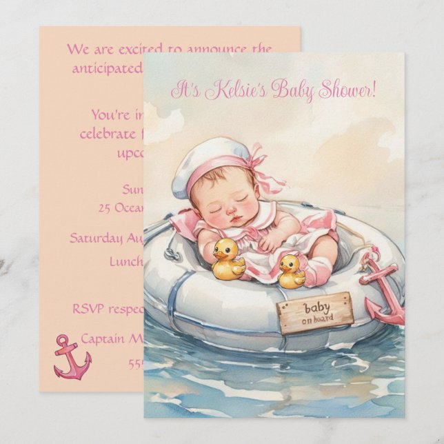 Baby Mädchen an Bord Einladung (Vorne/Hinten)