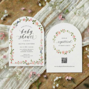 Baby Mädchen Dusche Rosa Wasserfarbe Floraler Boge Einladung