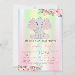 Baby-Mädchen-Elefant, Irisierende Blumen-Baby-Part Einladung