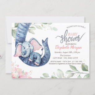 Baby-Mädchen-Elefant verlässt florale Babyparty Einladung