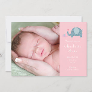 Baby Mädchen Foto Rosa Punkte Elefanten Geburt Ankündigung