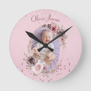 Baby Mädchen Foto Süß Elegant Modern Rosa floral  Runde Wanduhr