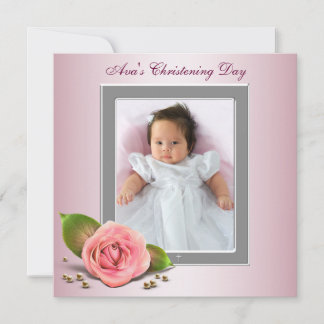Baby-Mädchen-Foto-Taufe mit rosa Rose Einladung