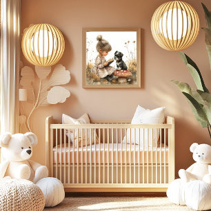 Baby Mädchen liest schwarzen weißen Welpen roter P Poster