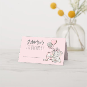 Baby Mädchen Prinzessin Elefant Rosa Grau 1. Gebur Platzkarte