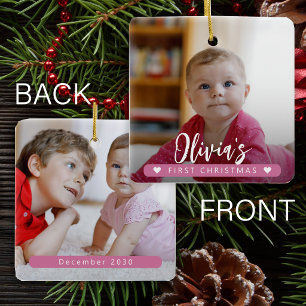Baby Mädchen rosa Erstes Weihnachten 2 Foto Keramikornament