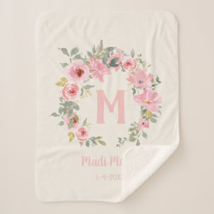 Baby Mädchen Rosa Floral Salbeigrüne Blätter Monog Sherpadecke