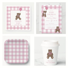 Baby Mädchen Rosa und Weiß Teddybär Baby Shower Einladung