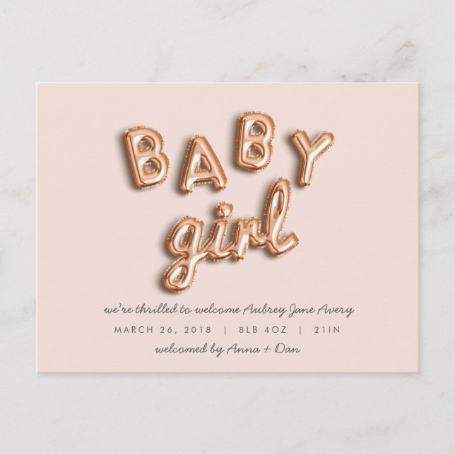 Baby Mädchen! Rose Gold/PINK Postkarte. Ankündigungspostkarte (Vorderseite)