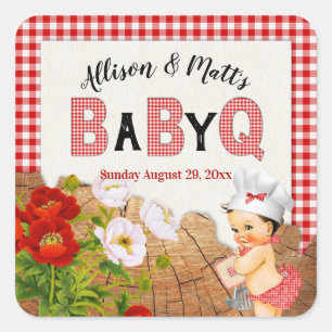 Baby Mädchen Rot Gingham Holz Floral Baby Q BBQ Quadratischer Aufkleber