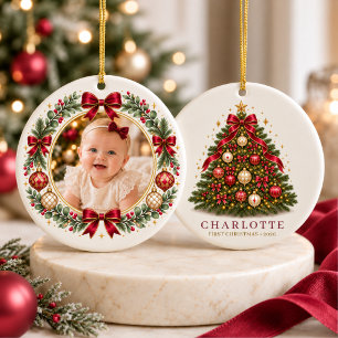 Baby Mädchen Rotes Erstes Weihnachts-Schleifen-Fot Keramik Ornament