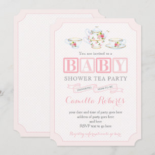 Baby-Mädchen-Shower Vintage-Teeparty, Rosa und Gra Einladung