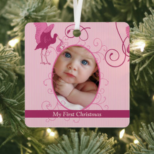 Baby-Mädchen-Tiny-Tee-Foto-Ornament mit Geburtssta Ornament Aus Metall