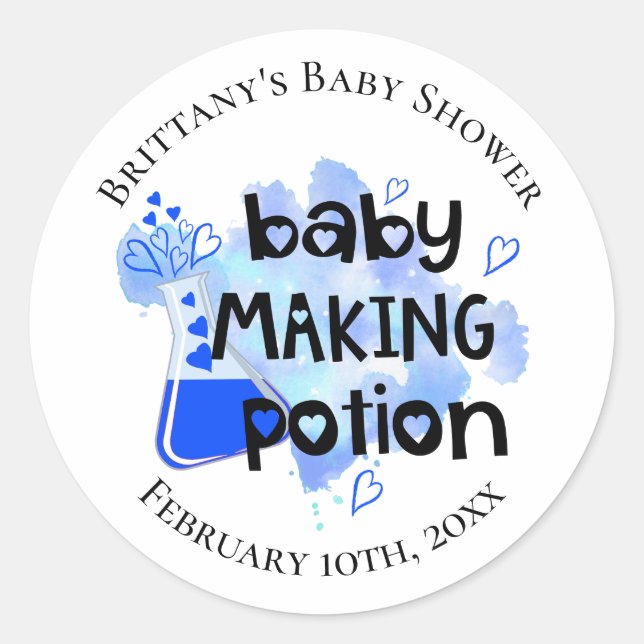 Baby Making Potion Blue Hearts Baby Dusche Gefalle Runder Aufkleber (Vorderseite)