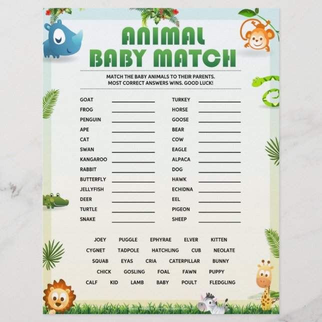 Baby Match Baby Shower Game [Tierthema] Briefbogen (Vorderseite)