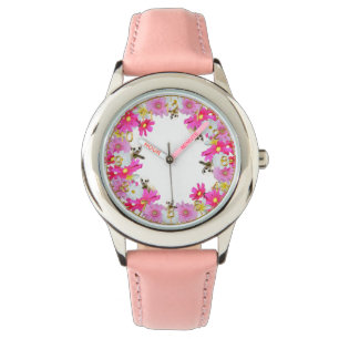 Baby Meerkats und Blume, Girl-Rosa Lederuhr Armbanduhr