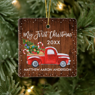 Baby Mein erstes Weihnachten Holz Roter LKW Schnee Keramikornament