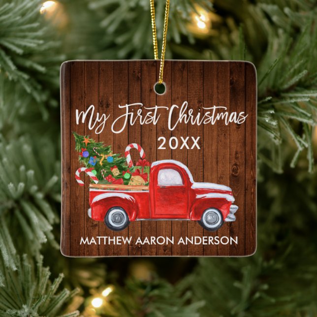 Baby Mein erstes Weihnachtswald Red Truck Candy Ca Keramikornament (Baum)
